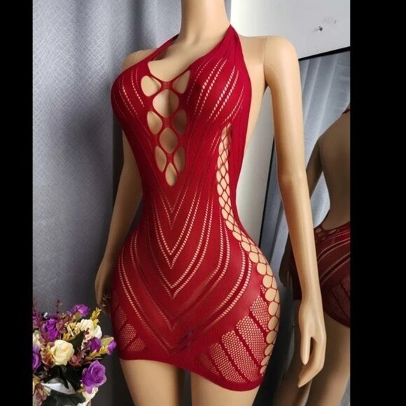 Crimson Red Fishnet Bodycon Dress - Picture 2 of 6
